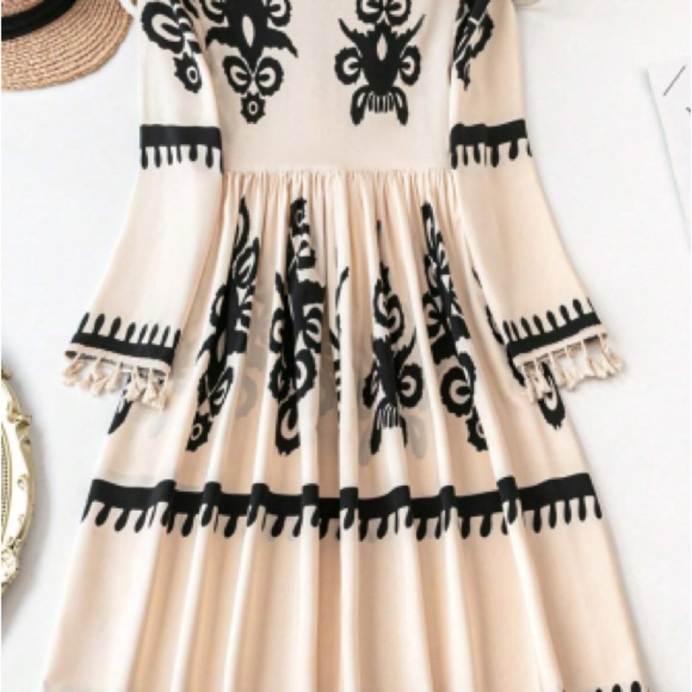 - Beige Ethnic Print Notch V Neck Fringe Mini Dress - Picture 7 of 8